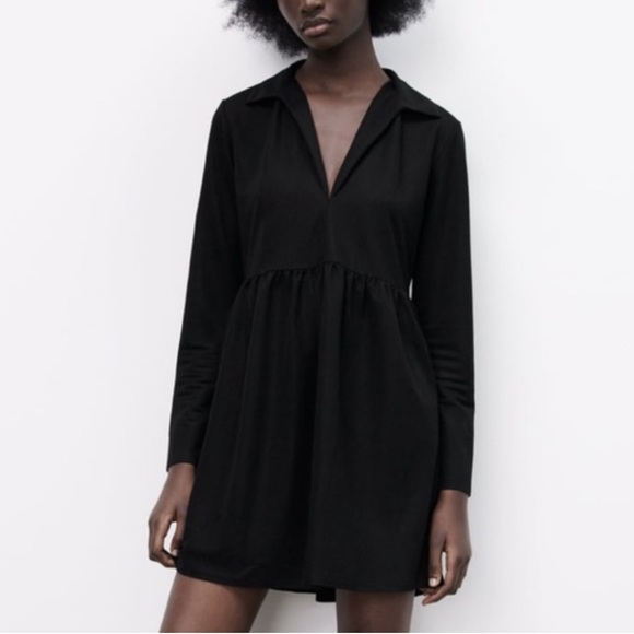 Zara poplin A line mini black Long Sleeve shirt dress XS - Picture 2 of 11